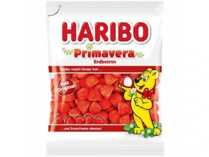 Haribo Primavera Erdbeeren Bonbóny ve tvaru jahod s marshmallow příchutí